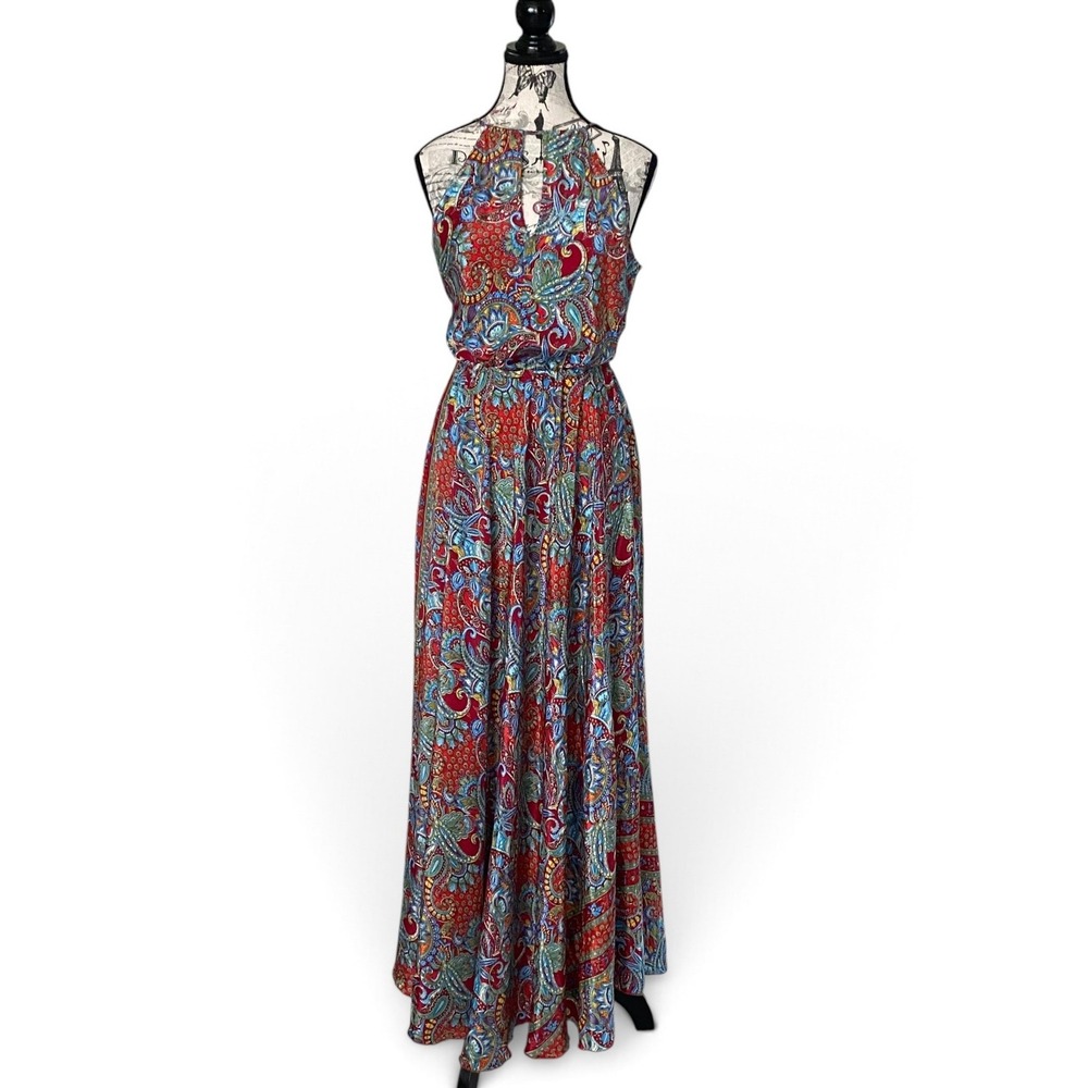 Yosoy Universe Maxi Dress Womens OS Red Paisley Silk Blend Halter Open Back